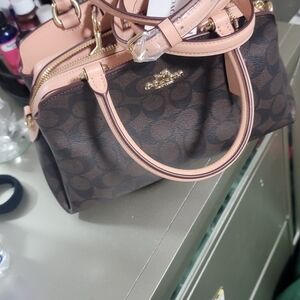 Coach Signature Mini Satchel in Brown with Pink Trim